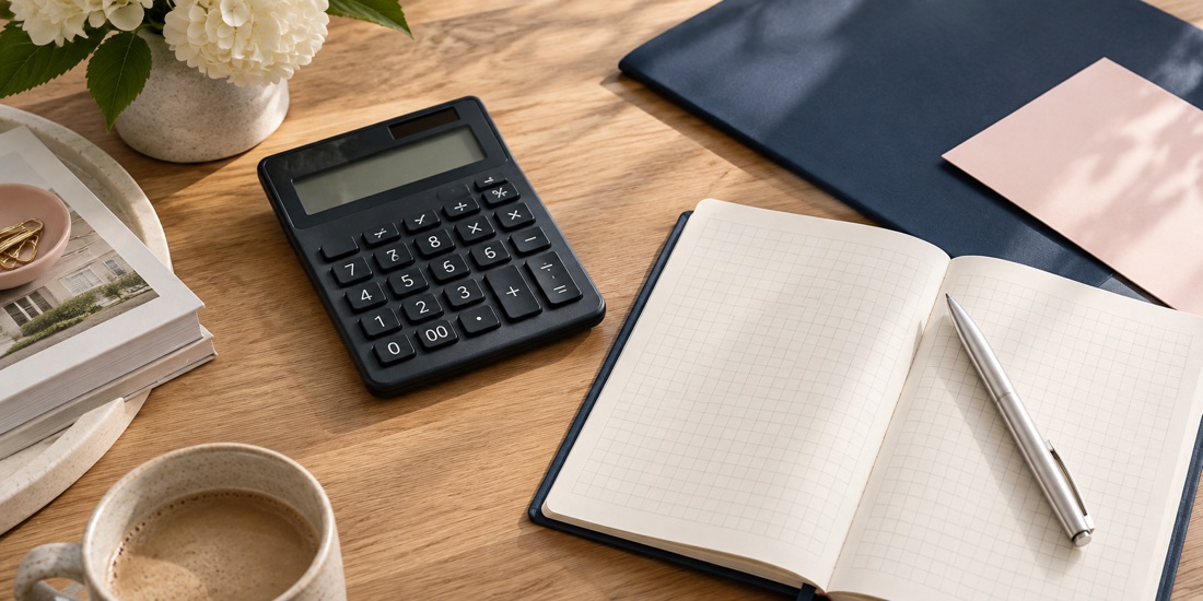Editorial illustration of a calculator, notebook, and planning papers
