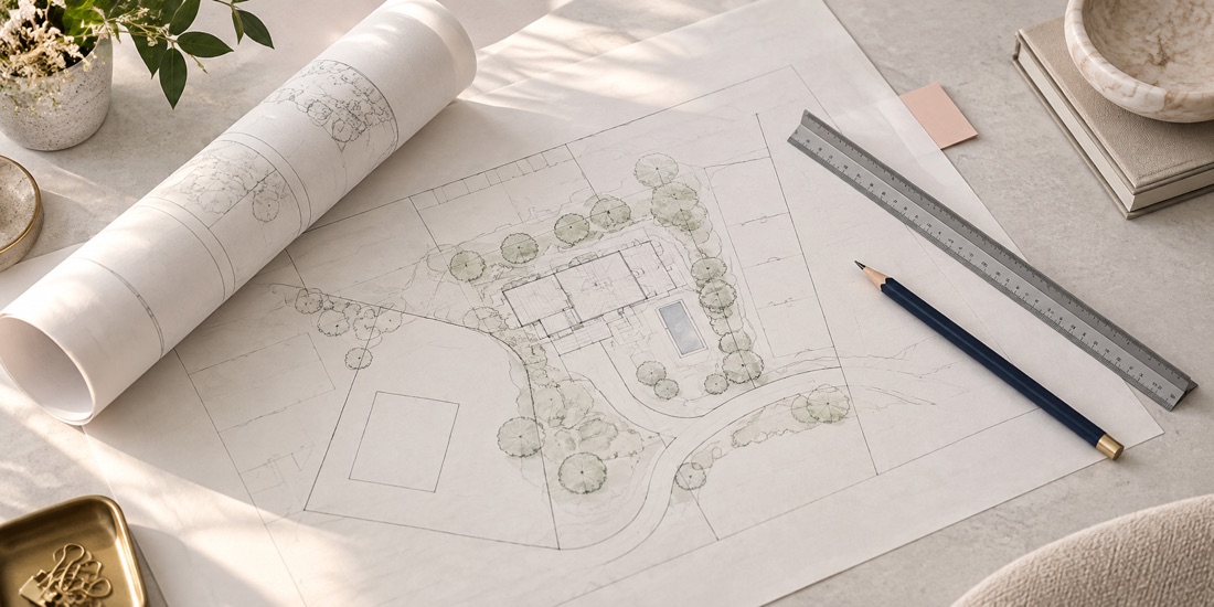Editorial illustration of architectural plans and property research tools